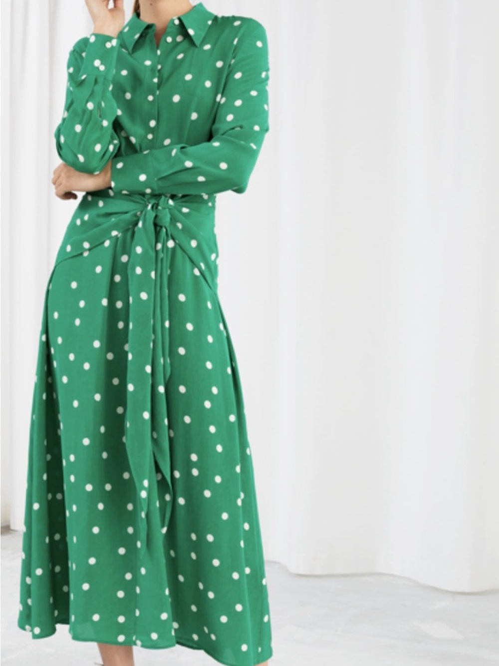 Green Polka Dot Tie-Front Maxi Dress